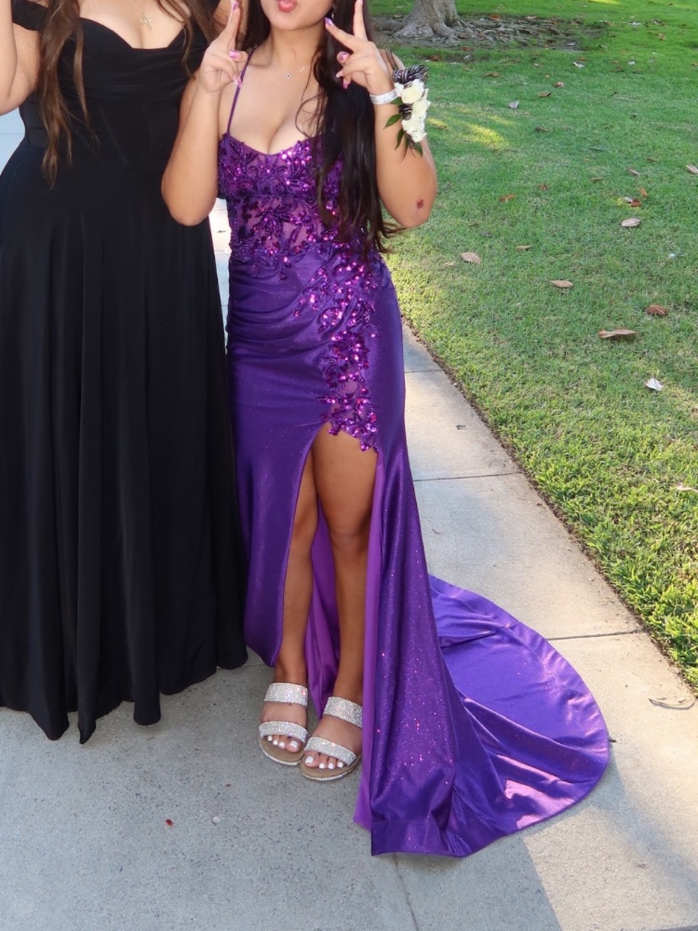 Purple Beaded Prom Dress with Thigh Slit